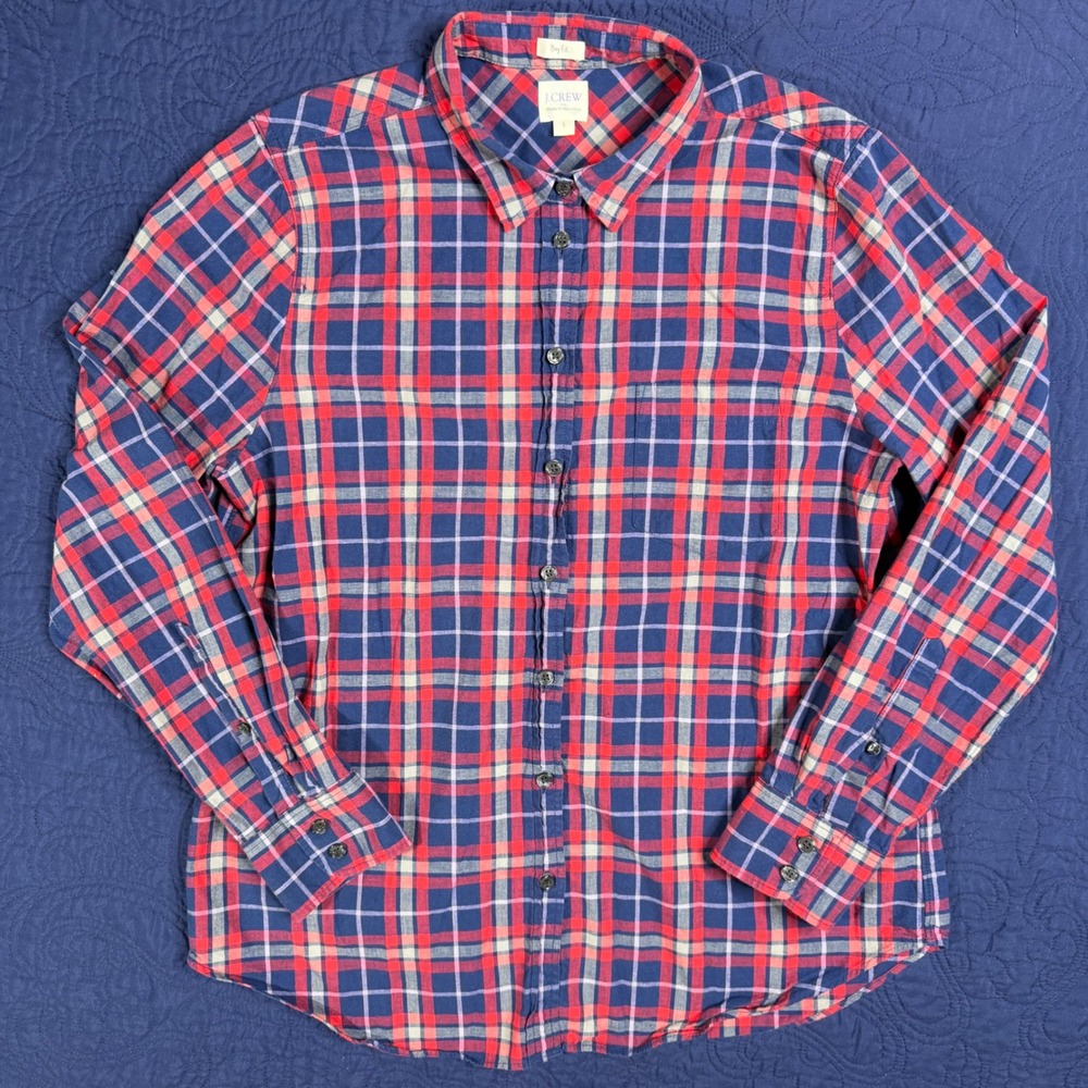 J.Crew Boy Fit Plaid Button Down Shirt Mens Large Red Blue Cotton Western